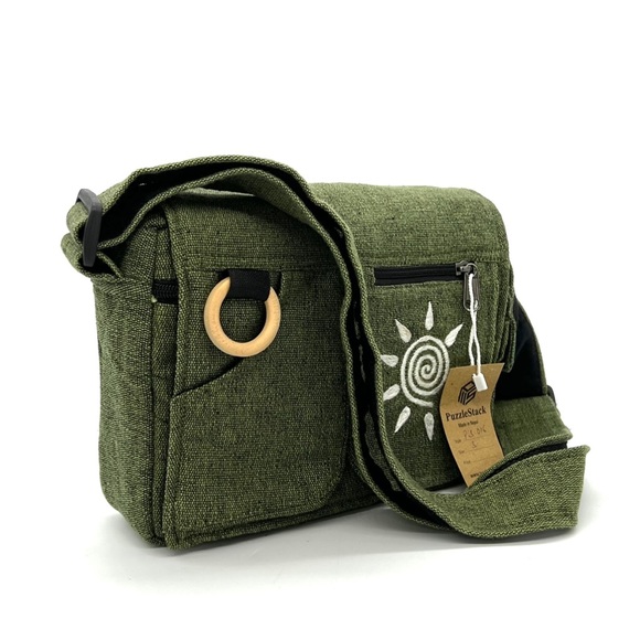 Green Messenger Bag Sustainable Eco bag Handmade Gift Swirl Sun Embroidery - Picture 2 of 8